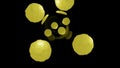 Balls rotate around transparent bubble. Design. Colored balls move around transparent sphere on black background. Balls