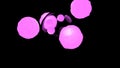 Balls rotate around transparent bubble. Design. Colored balls move around transparent sphere on black background. Balls