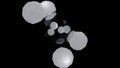 Balls rotate around transparent bubble. Design. Colored balls move around transparent sphere on black background. Balls