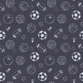 balls seamless pattern. hand drawn doodle. vector, scandinavian, nordic, minimalism, monochrome. sports equipment, game Royalty Free Stock Photo