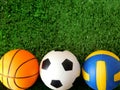 Balls for soccer, basketball and volleyball are lying on the green grass.