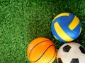 Balls for soccer, basketball and volleyball are lying on the green grass.