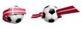 Balls for soccer, classic football in ribbons with colors of Denmark flag. Design element for football competitions. Denmark