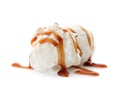 Balls of tasty vanilla ice cream with caramel topping Royalty Free Stock Photo