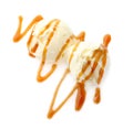 Balls of tasty vanilla ice cream with caramel topping on white background Royalty Free Stock Photo