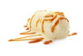 Balls of tasty vanilla ice cream with caramel topping