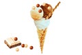 Balls of vanilla, chocolate and creme brulee ice cream in a waffle cone, watercolor Royalty Free Stock Photo