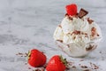 Balls of vanilla ice cream in a bowl. Cold dessert with chocolate and strawberry. Bright photo.