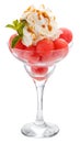 Balls of watermelon in a glass Cremant with whipped cream and to Royalty Free Stock Photo