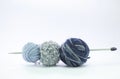 Balls of wool on the blue shades in different yarns Royalty Free Stock Photo