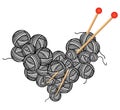 Balls of wool and knitting needles. Shape of a heart. Engraving Vector illustration Royalty Free Stock Photo