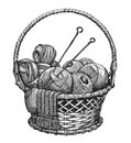 Balls of yarn in basket. Clews, skeins of thread, knitting needles. Tools female hobby handicraft sketch vintage vector