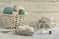 Balls of yarn in a basket  spools of thread and lace in the box on a white wooden background. Royalty Free Stock Photo