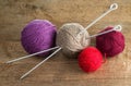 Balls of yarn in different colors with knitting needles