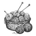 Balls of yarn, knitting needles in basket. Clews, skeins of thread. Tools female hobby handicraft, hand-knitting sketch