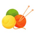 Balls of yarn with knitting needles. Clews skeins of wool. Tools for handicraft hand-knitting