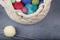 Balls of yarn for knitting. Balls of yarn for knitting in a wicker basket. Royalty Free Stock Photo