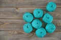 Balls of Yarn on Old Wood Background, Knitting And Crochet Backdrop, Turquoise, Horizontal Aspect. Royalty Free Stock Photo