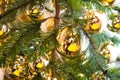 Balls yellow Christmas hanging on the branches of a green Christmas tree in the background light. Toys, New year Royalty Free Stock Photo