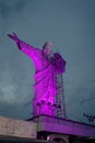 Illuminated Christ Statue at Cristo Luz Complex with repairs taking place - Balneario Camboriu, Santa Catarina, Brazil