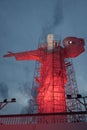 Illuminated Christ Statue at Cristo Luz Complex with repairs taking place - Balneario Camboriu, Santa Catarina, Brazil