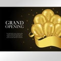 Special luxury grand opening party celebration with 3D golden flying helium balloon and gold ribbon Royalty Free Stock Photo