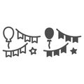 Baloon and party flags line and glyph icon. Festive decor vector illustration isolated on white. Birthday decoration Royalty Free Stock Photo