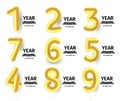 Baloons numbers set, golden air balls for decoration birthday party collection, vector anniversary illustration, posters