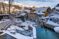 Small hydro electric power plant in Schladming. Winter scenery and snow-covered mountains Royalty Free Stock Photo