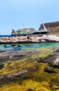 Balos bay and Passenger Ship. View from Gramvousa Island, Crete in Greece.Magical turquoise waters, lagoons, beaches of pure wh Royalty Free Stock Photo