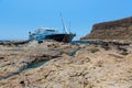 Balos beach and Passenger Ship. Crete in Greece.Magical turquoise waters, lagoons, beaches of pure wh Royalty Free Stock Photo