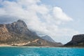 Balos beach with surrounding landscape, view from a ship at north-west coast of Crete island Royalty Free Stock Photo