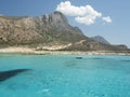 Balos Lagoon Blue sea, hills and boat, transparent water as a swimming pool, Crete Island, Greece Royalty Free Stock Photo