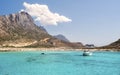 Balos Lagoon Blue sea, hills and boat, transparent water as a swimming pool, Crete Island, Greece Royalty Free Stock Photo