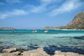 Balos lagoon on Crete island in Greece. Tourist boats in crystal clear water.