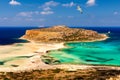 Balos Lagoon and Gramvousa island on Crete with seagulls flying over, Greece. Cap tigani in the center. Balos beach on Crete Royalty Free Stock Photo