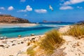 Balos Lagoon and Gramvousa island on Crete with seagulls flying over, Greece. Cap tigani in the center. Balos beach on Crete Royalty Free Stock Photo