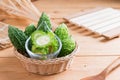 Balsam apple, Balsam pear, Bitter cucumber , Bitter gourd , Stuffed bitter gourd, karela on wood background Royalty Free Stock Photo