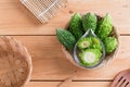 Balsam apple, Balsam pear, Bitter cucumber , Bitter gourd , Stuffed bitter gourd, karela on wood background Royalty Free Stock Photo