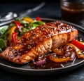 Balsamic Glazed Salmon with Roasted pepper and onion, on a plate