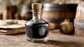 Balsamic vinegar bottle in rustic kitchen, wooden barrels background. Royalty Free Stock Photo