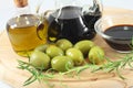 Balsamic vinegar, olives, olive oil Royalty Free Stock Photo