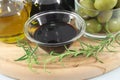 Balsamic vinegar, olives, olive oil Royalty Free Stock Photo