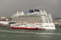 P&O`s MV Britannia and Red Funnel ferry Red Kestrel at Ocean terminal Southampton