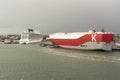 P&O`s MV Britannia, Red Funnel ferry Red Kestrel and K Lines Olympian Highway Southampton