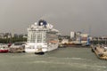 P&O`s MV Britannia, tug Svitzer Eston and Red Funnel ferry Red Kestrel at Ocean terminal Southampton