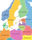 Baltic Sea area, colored countries, political map, with national borders