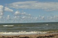 The Baltic Sea in August. Sand,seaweed on the shore, waves, beautiful clouds and the sun