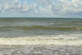 The Baltic Sea in August. Sand,seaweed on the shore, waves, beautiful clouds and the sun