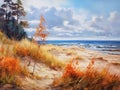 Baltic Sea beach with dunes in autumn. Grass and trees turning colorfu Royalty Free Stock Photo